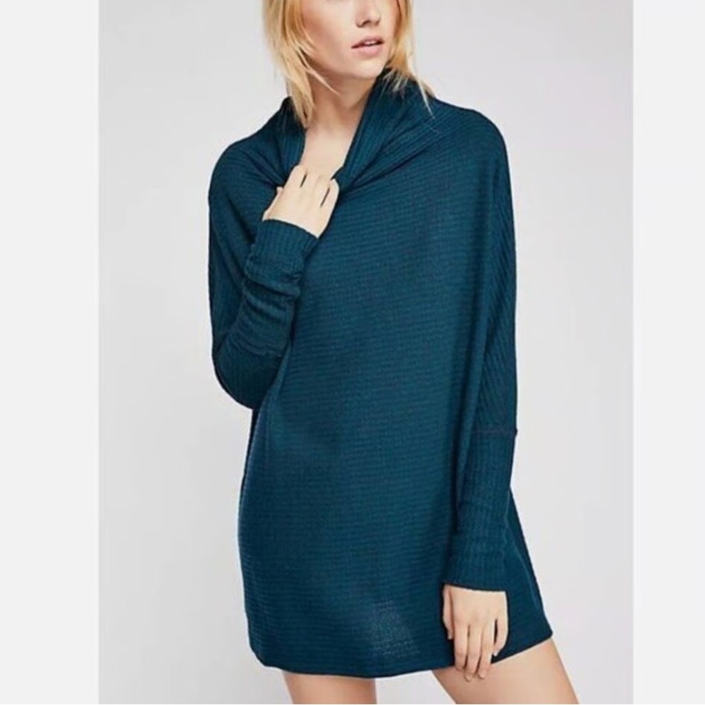 We The Free | Dark Teal Kitty Thermal Mock Cowl Neck Tunic Sweater